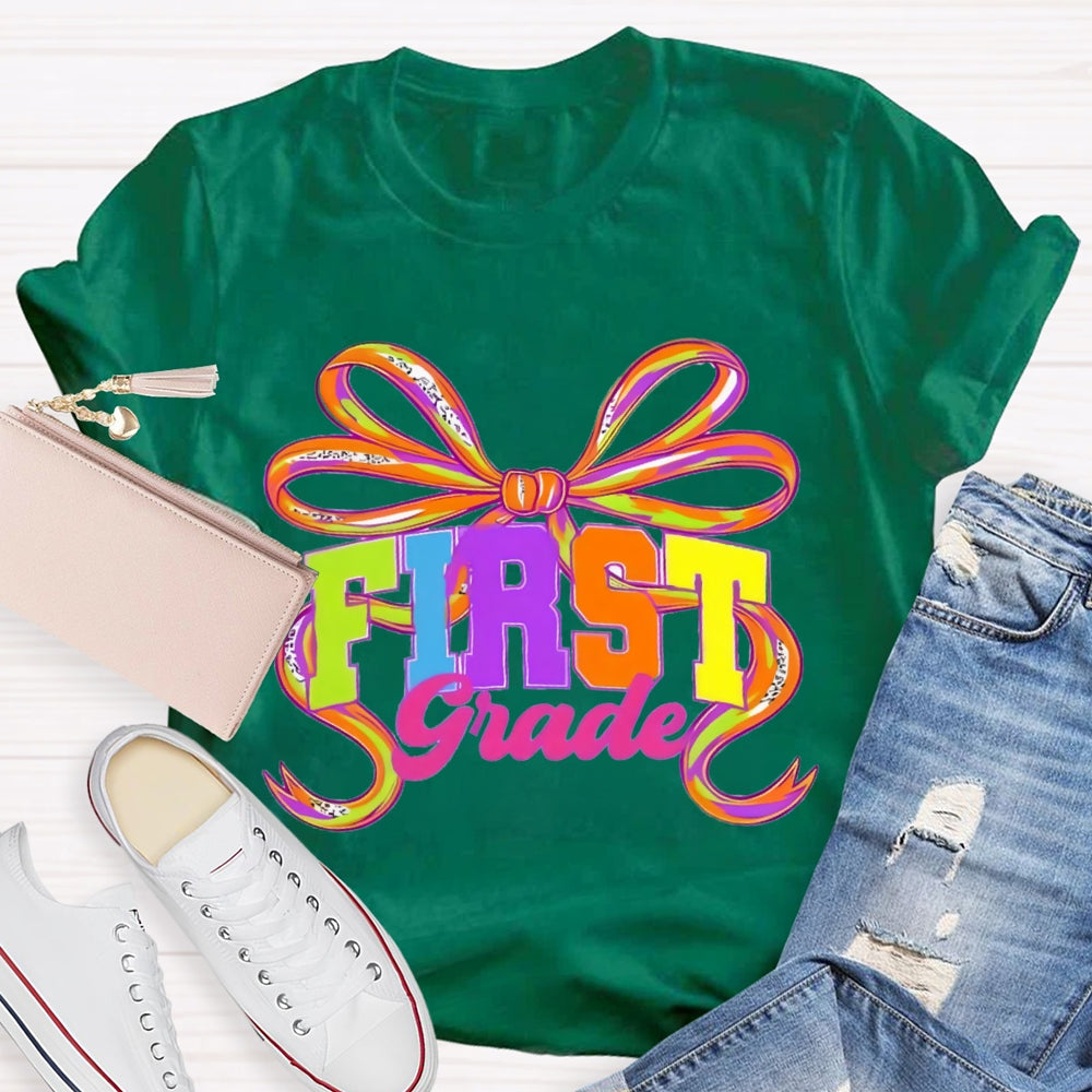 Personalized Grade First Grade Colorful Bow T-shirt