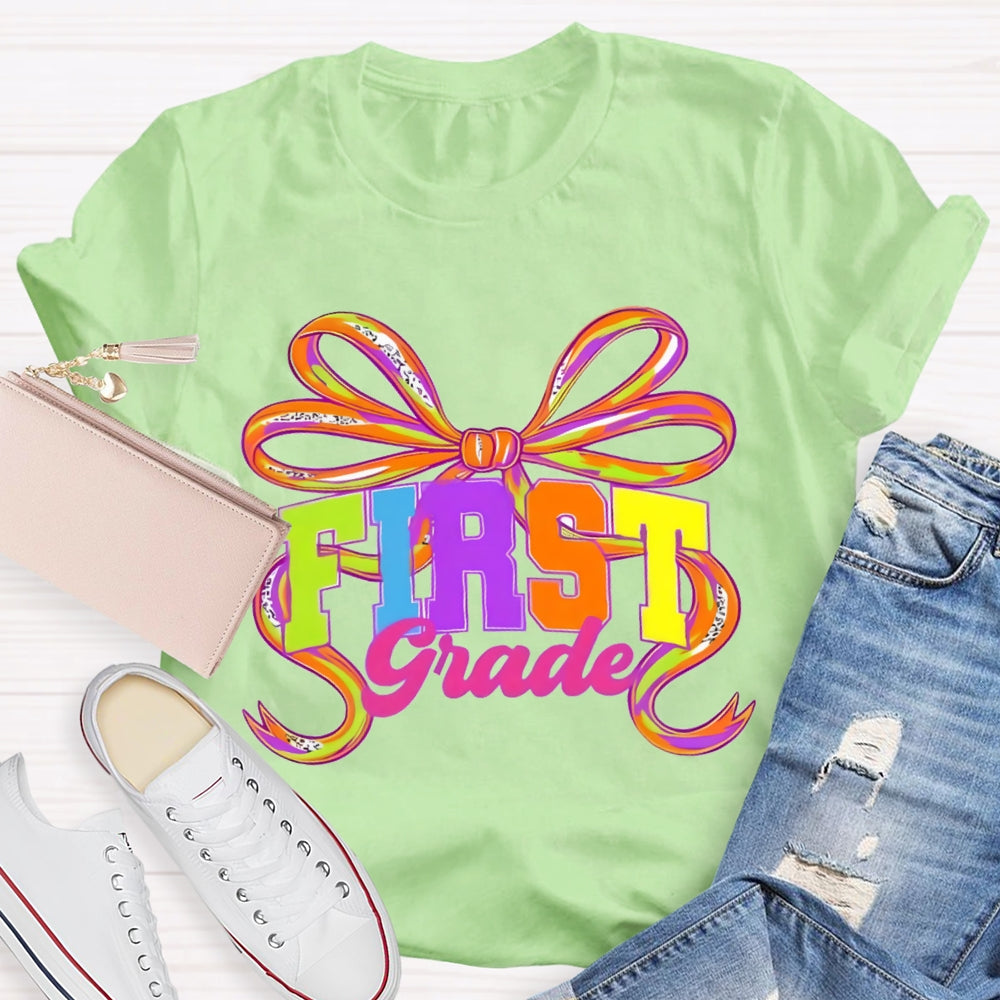 Personalized Grade First Grade Colorful Bow T-shirt