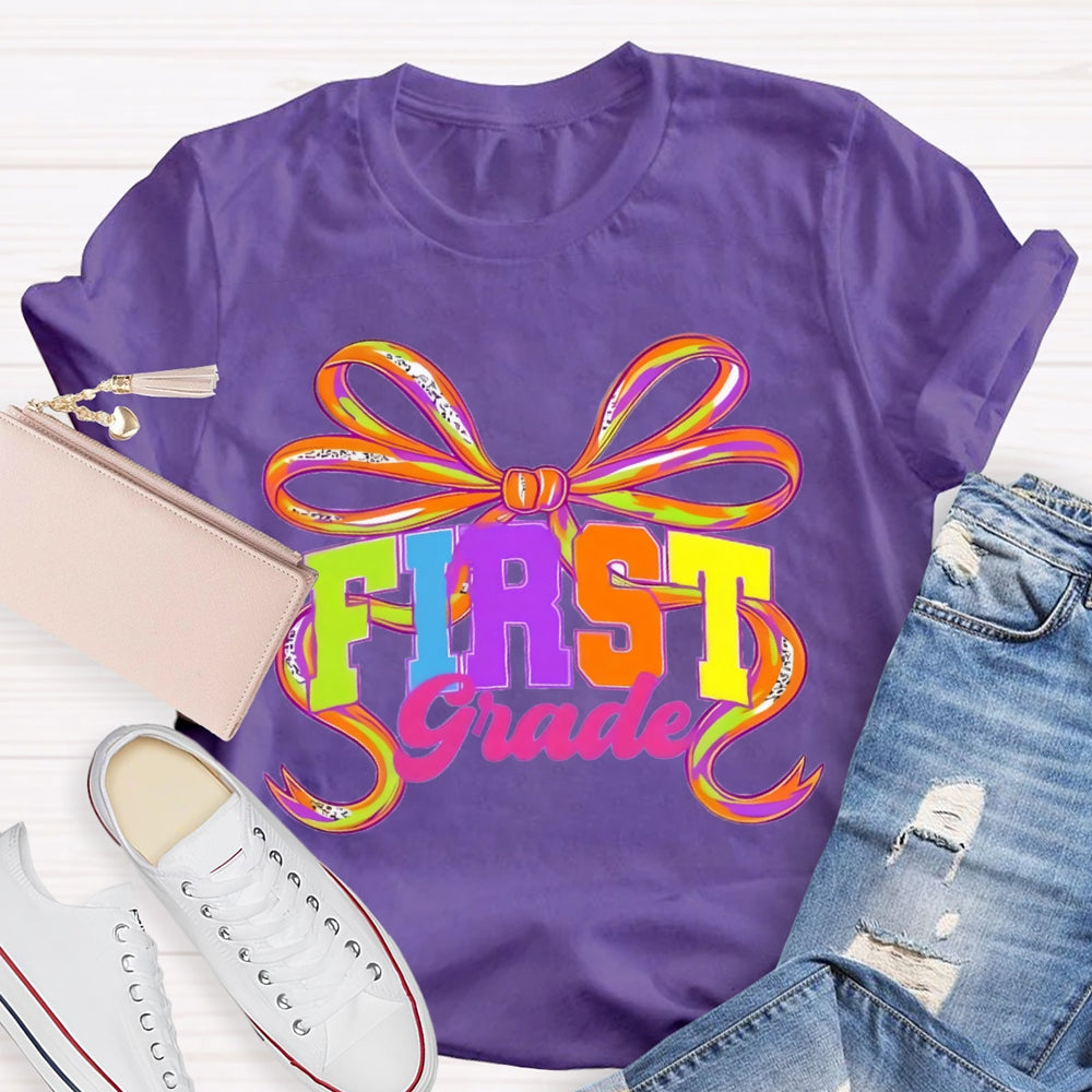 Personalized Grade First Grade Colorful Bow T-shirt