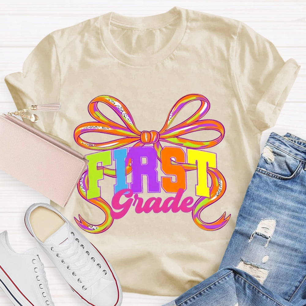 Personalized Grade First Grade Colorful Bow T-shirt