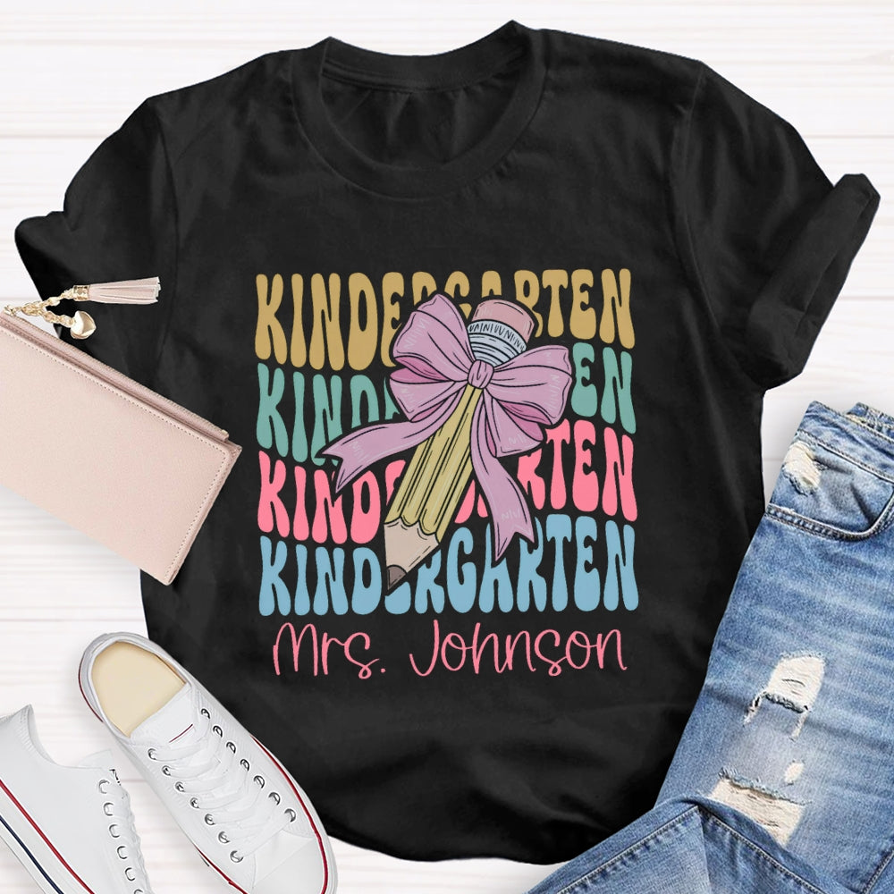Personalized  Kindergarten Teacher Name Pink Bow Pencil T-shirt