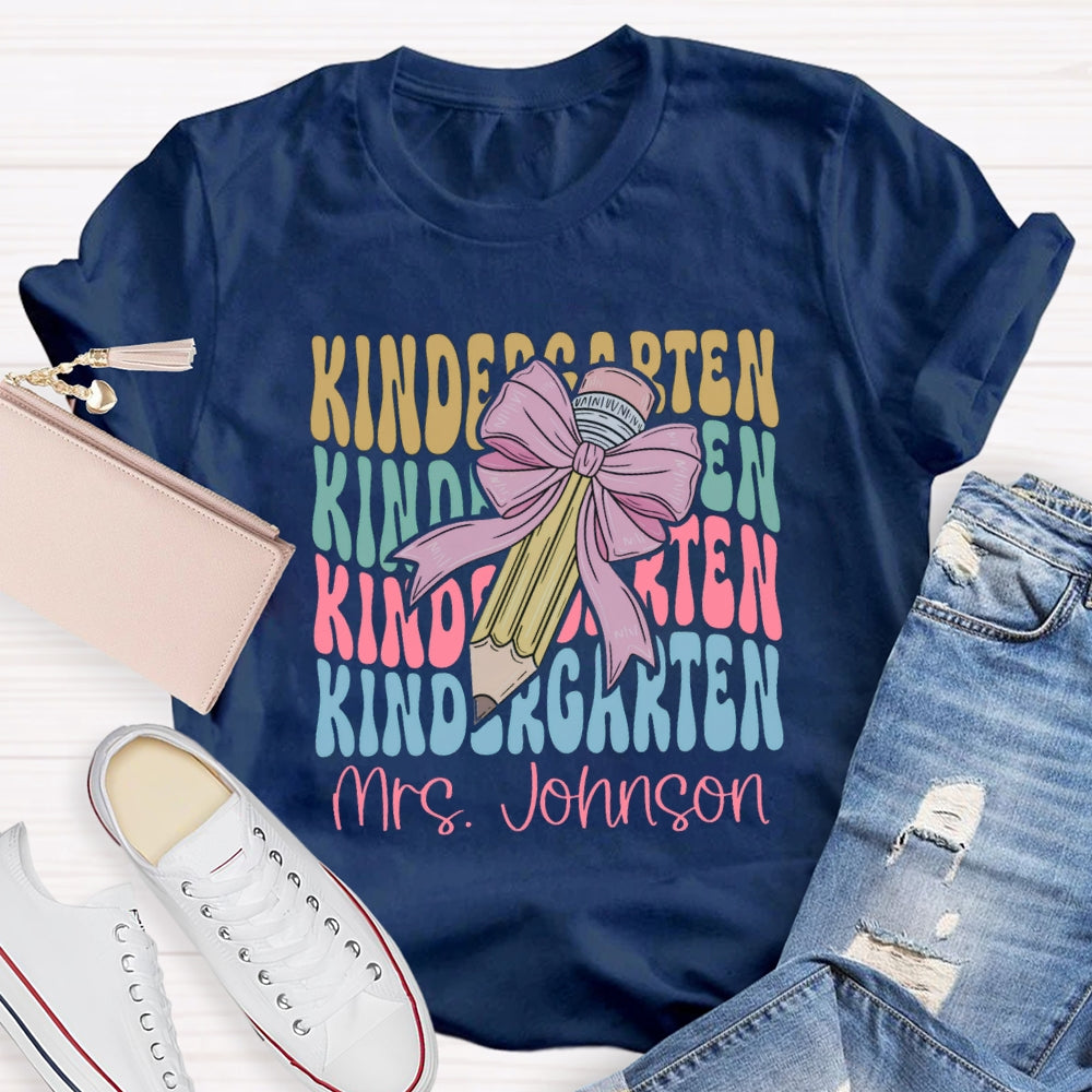 Personalized  Kindergarten Teacher Name Pink Bow Pencil T-shirt