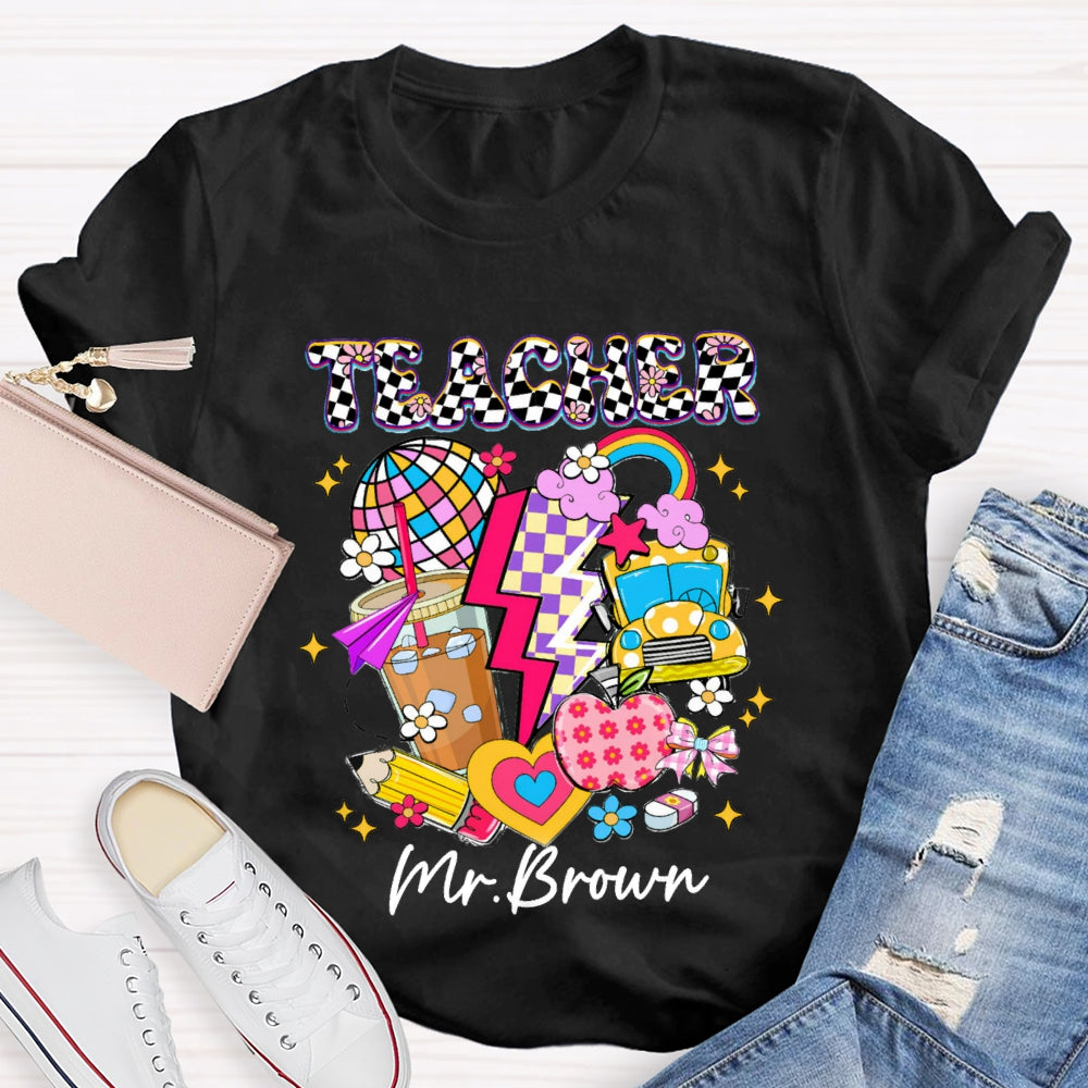 Personalized Name Checkerboard Pink Apple Pencil T-shirt