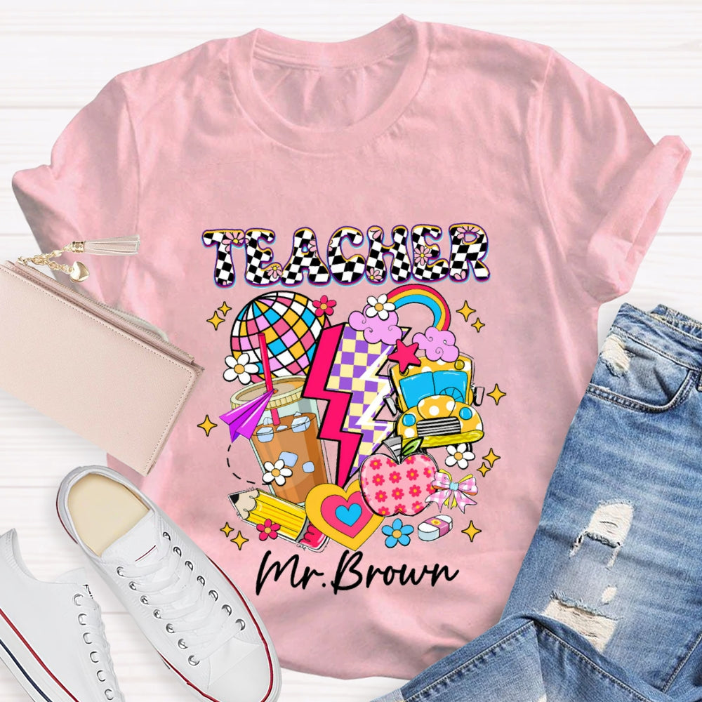 Personalized Name Checkerboard Pink Apple Pencil T-shirt