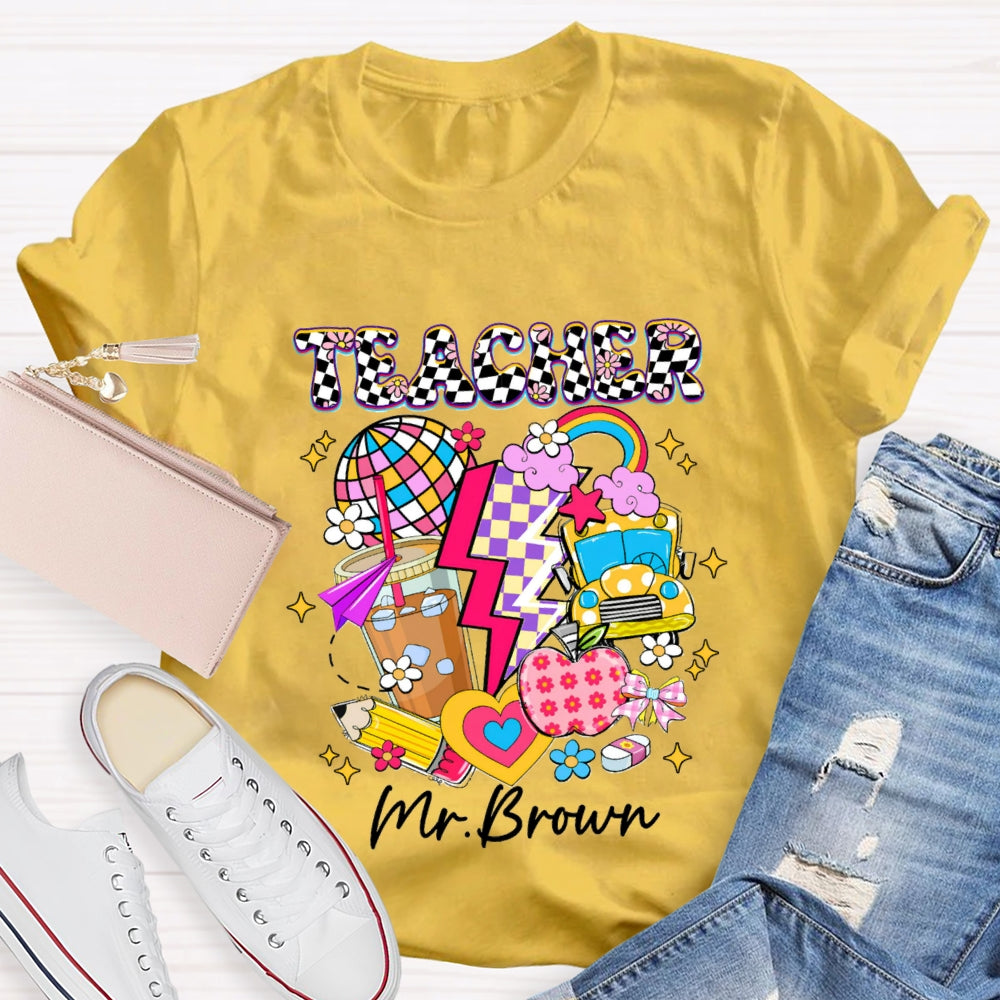 Personalized Name Checkerboard Pink Apple Pencil T-shirt