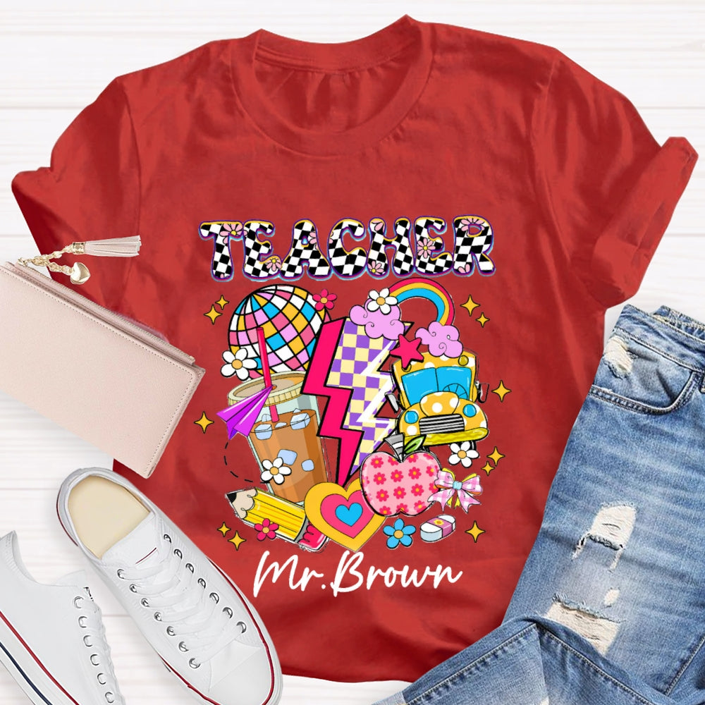 Personalized Name Checkerboard Pink Apple Pencil T-shirt