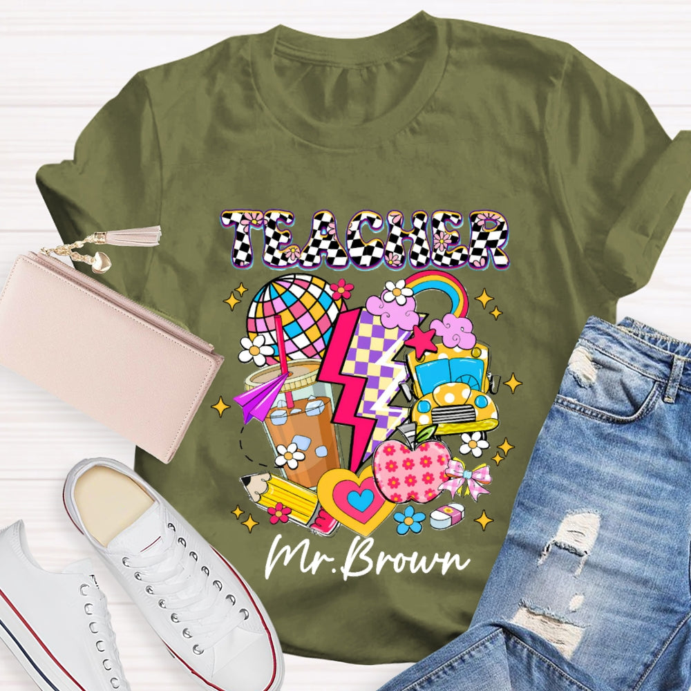 Personalized Name Checkerboard Pink Apple Pencil T-shirt