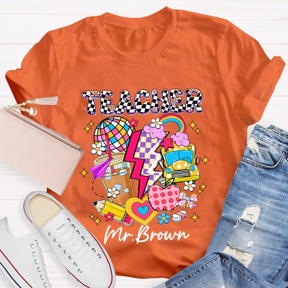 Personalized Name Checkerboard Pink Apple Pencil T-shirt