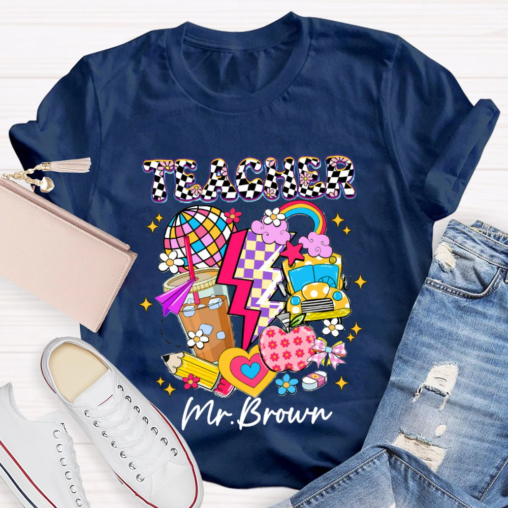 Personalized Name Checkerboard Pink Apple Pencil T-shirt