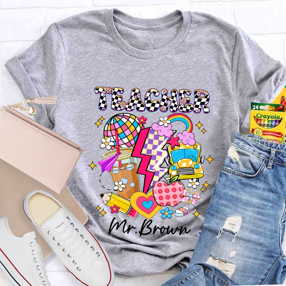 Personalized Name Checkerboard Pink Apple Pencil T-shirt