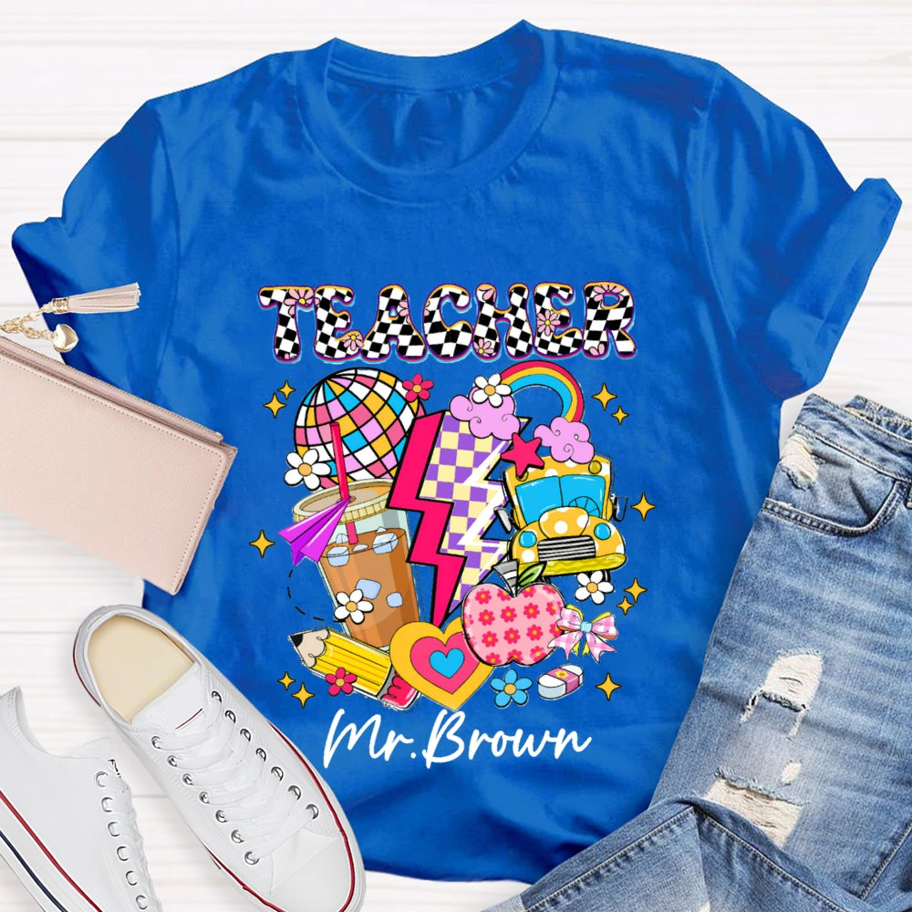 Personalized Name Checkerboard Pink Apple Pencil T-shirt