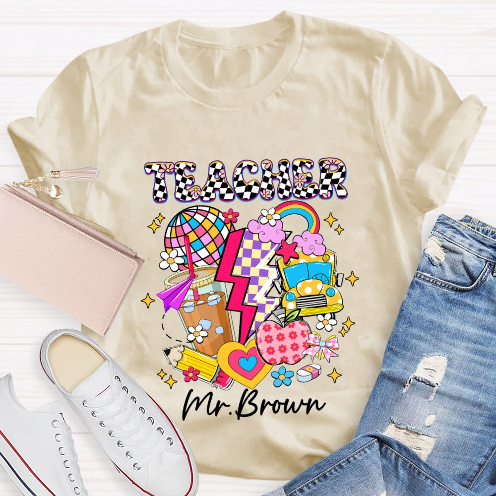 Personalized Name Checkerboard Pink Apple Pencil T-shirt