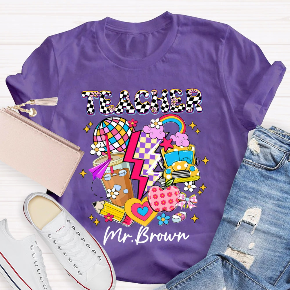 Personalized Name Checkerboard Pink Apple Pencil T-shirt