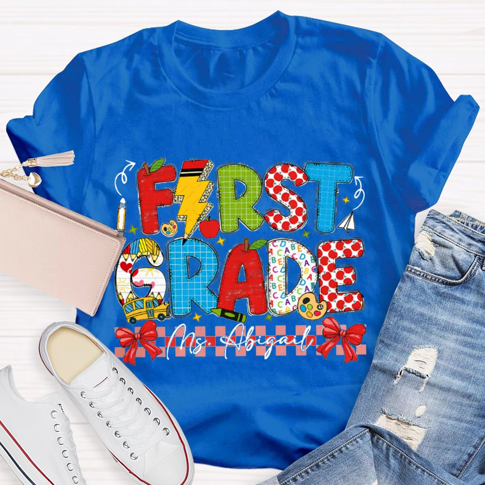 Personalized Name And Grade First Grade Red Bow T-shirt