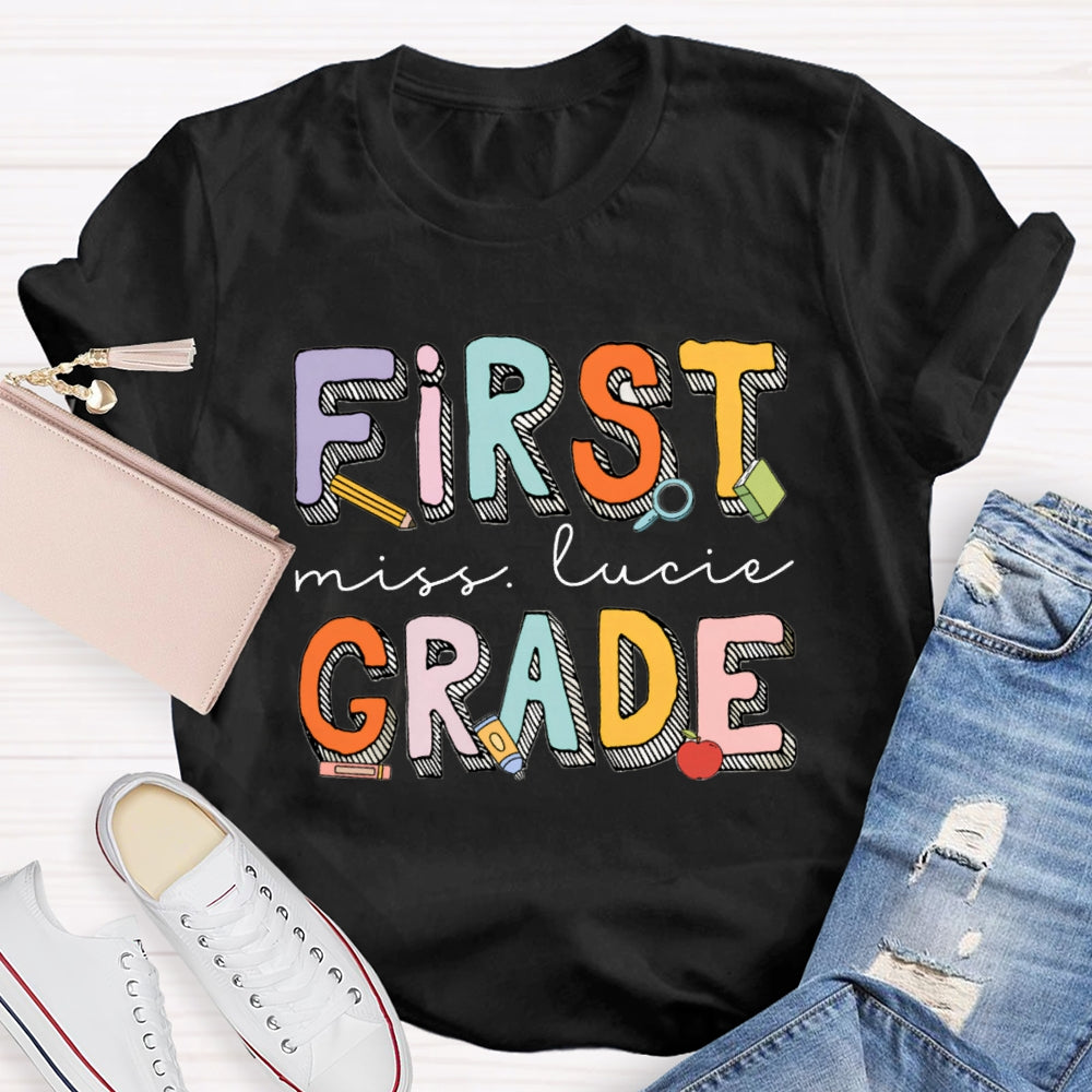 Personalized Name And Grade First Grade Striped Letter Print T-shirt