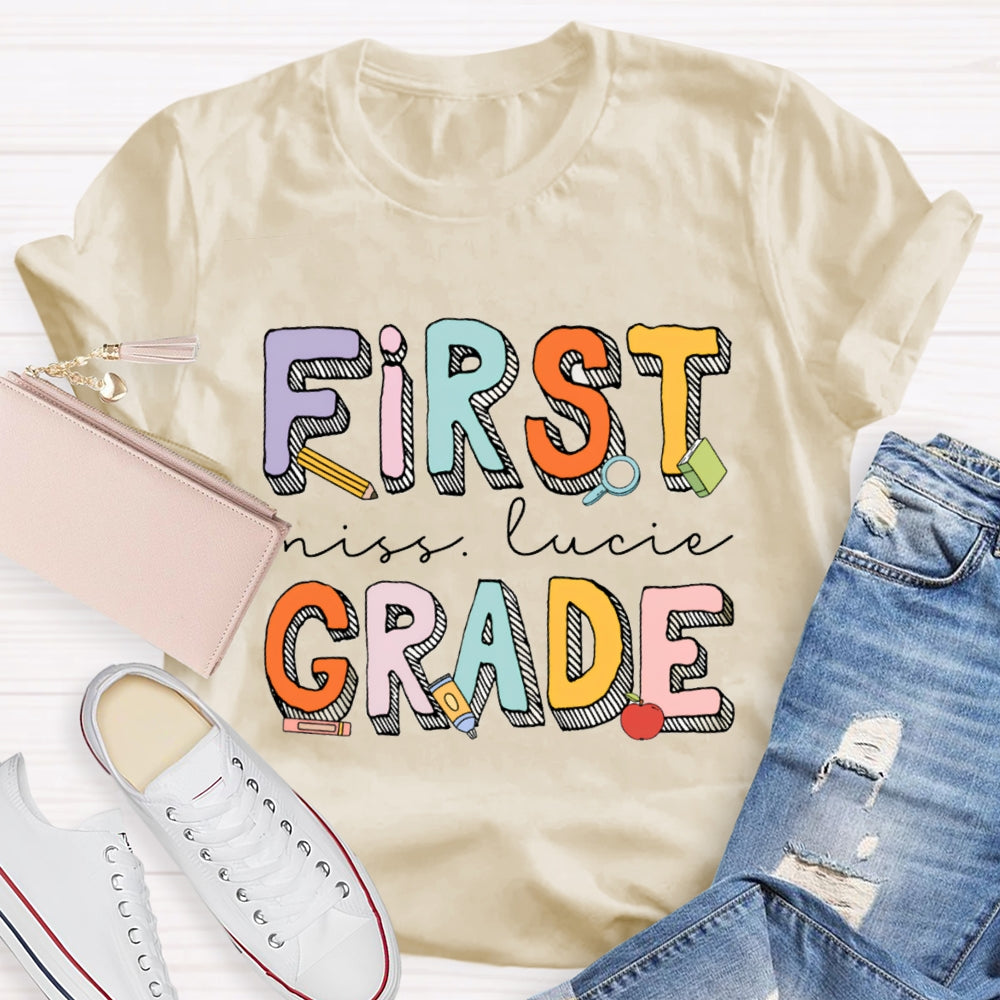 Personalized Name And Grade First Grade Striped Letter Print T-shirt