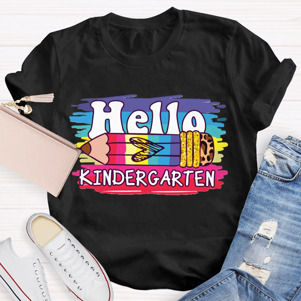 Personalized Grade Hello Kindergarten Colored And Leopard Print Pencils T-shirt
