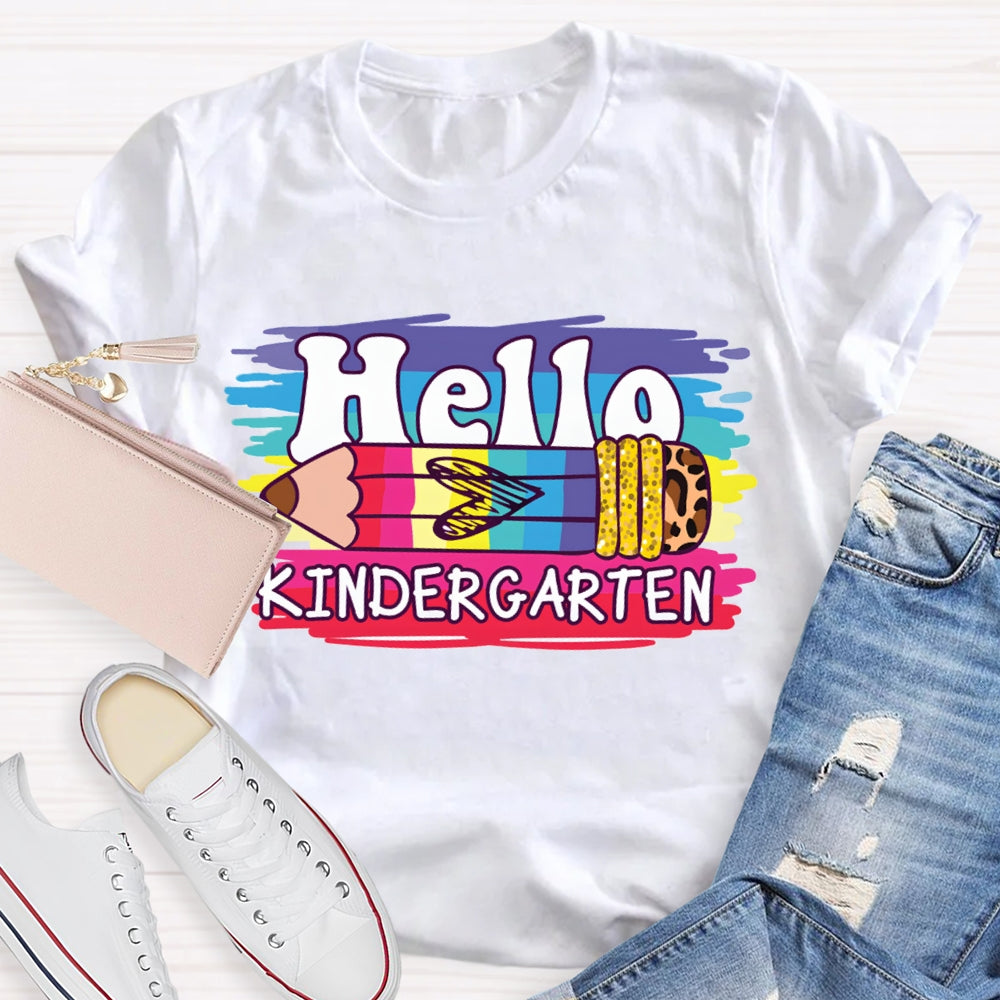 Personalized Grade Hello Kindergarten Colored And Leopard Print Pencils T-shirt