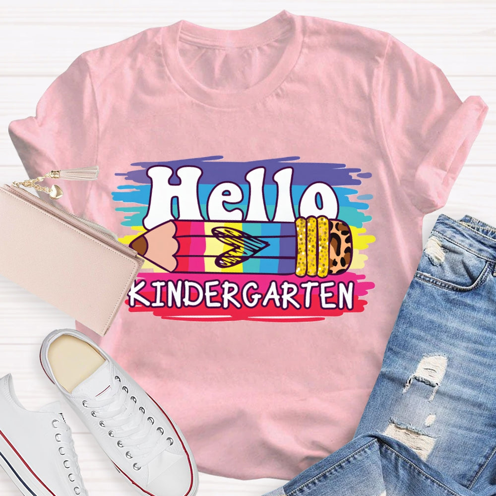 Personalized Grade Hello Kindergarten Colored And Leopard Print Pencils T-shirt