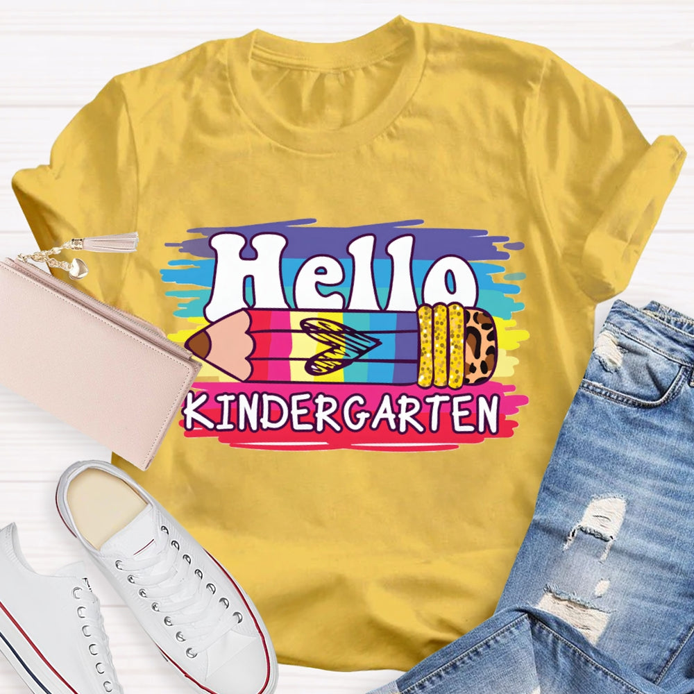 Personalized Grade Hello Kindergarten Colored And Leopard Print Pencils T-shirt