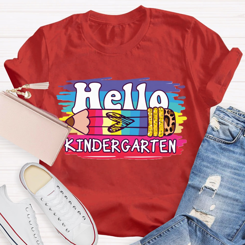 Personalized Grade Hello Kindergarten Colored And Leopard Print Pencils T-shirt