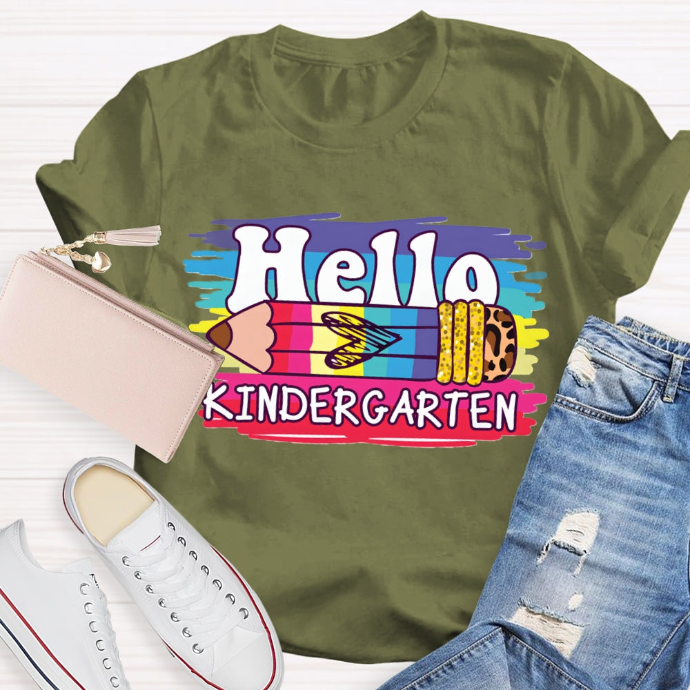 Personalized Grade Hello Kindergarten Colored And Leopard Print Pencils T-shirt