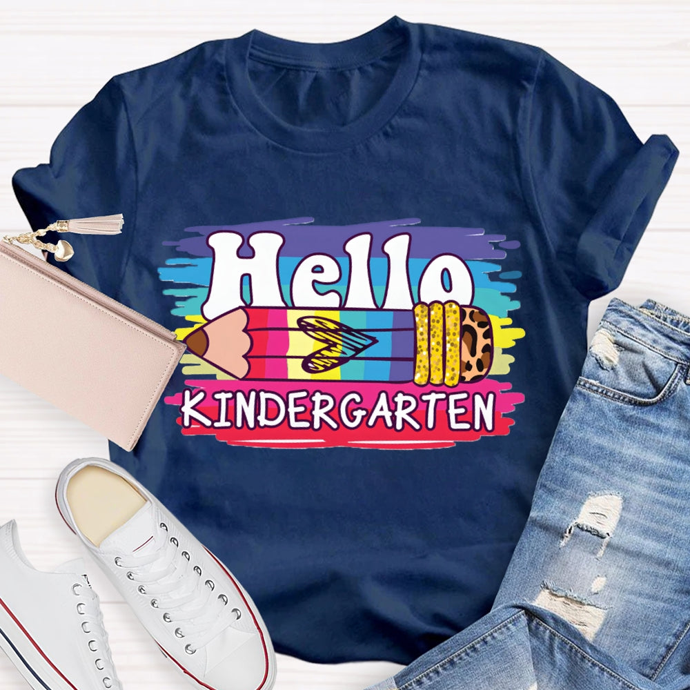 Personalized Grade Hello Kindergarten Colored And Leopard Print Pencils T-shirt