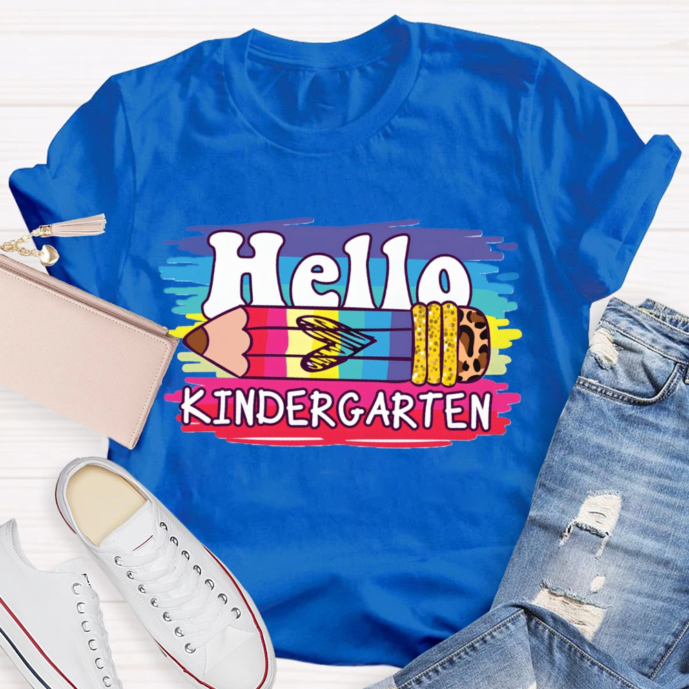 Personalized Grade Hello Kindergarten Colored And Leopard Print Pencils T-shirt