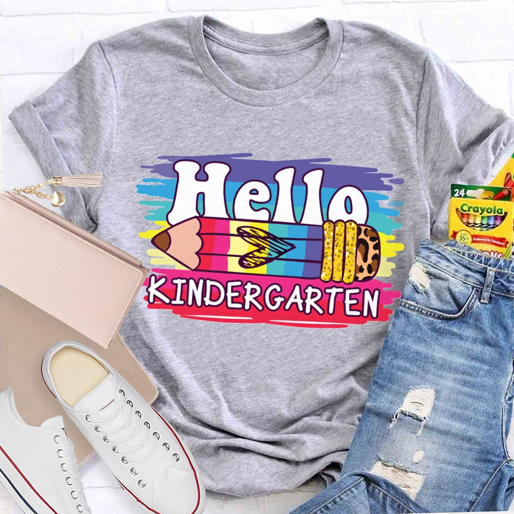 Personalized Grade Hello Kindergarten Colored And Leopard Print Pencils T-shirt