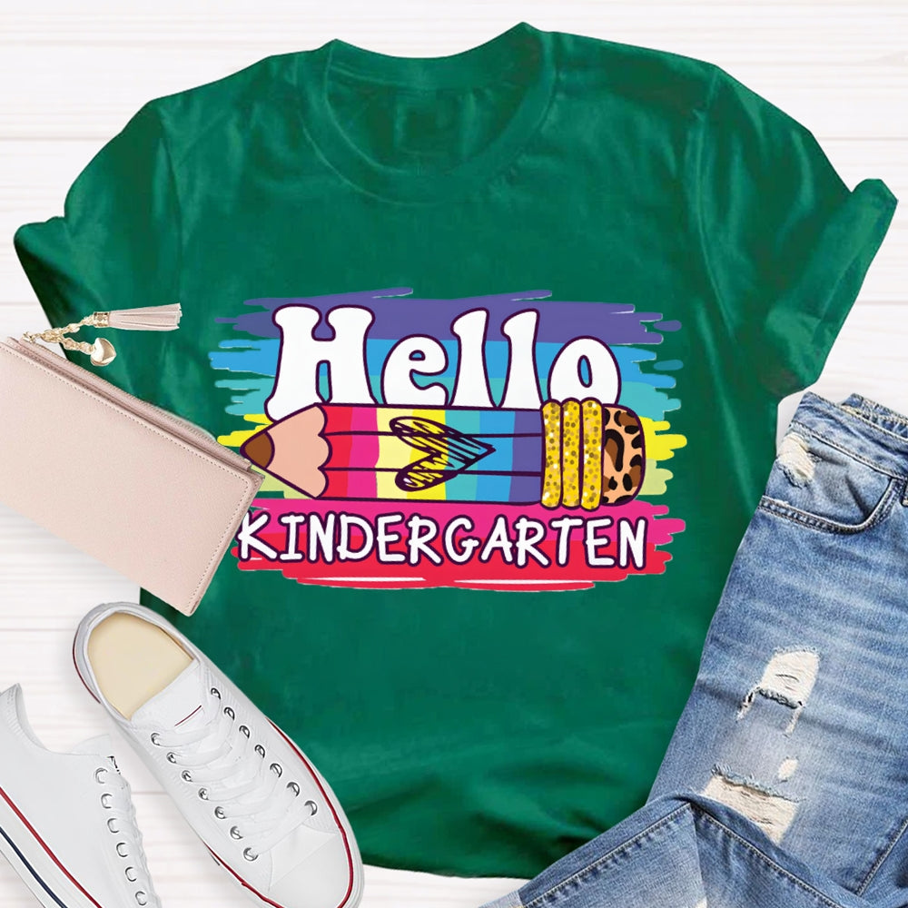 Personalized Grade Hello Kindergarten Colored And Leopard Print Pencils T-shirt