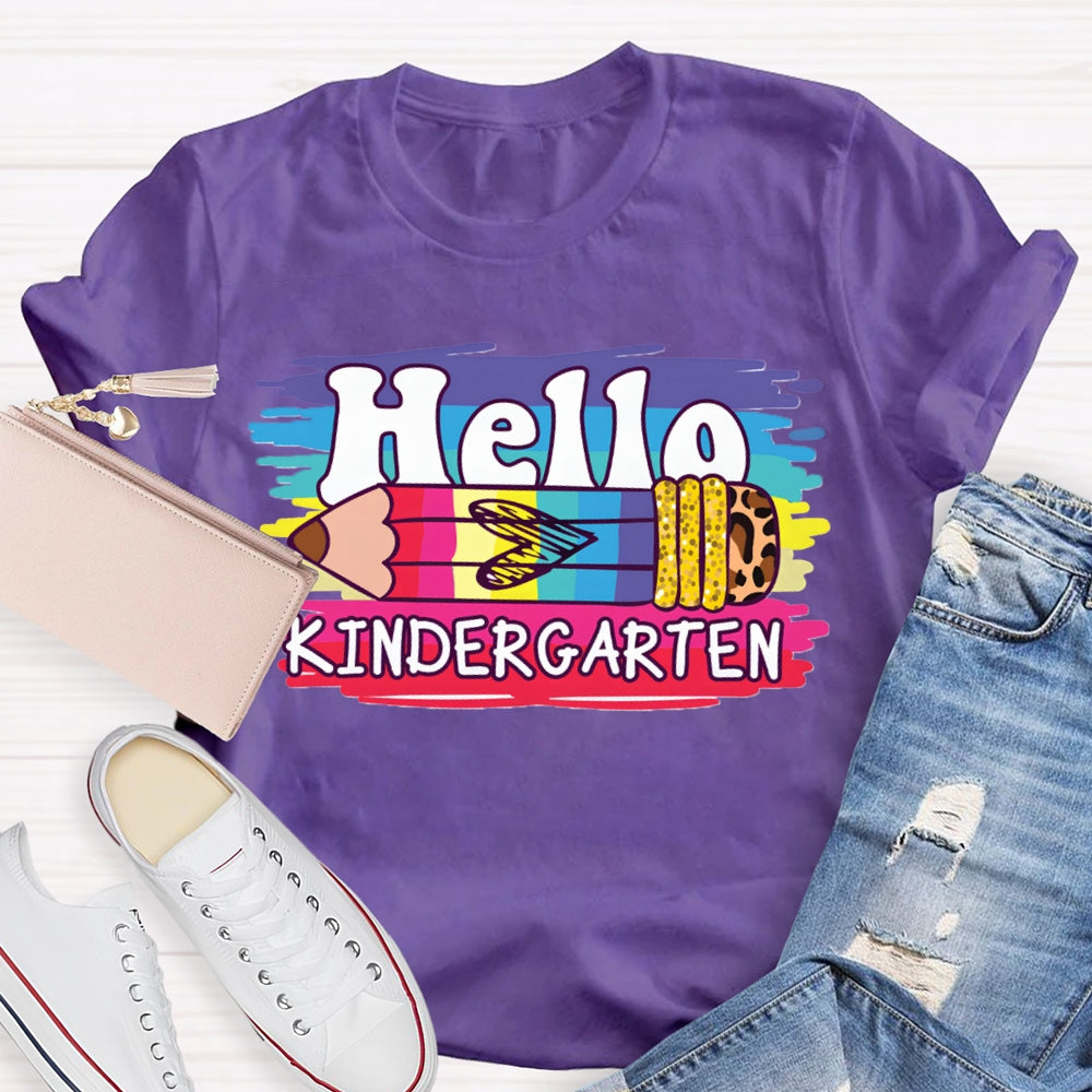 Personalized Grade Hello Kindergarten Colored And Leopard Print Pencils T-shirt
