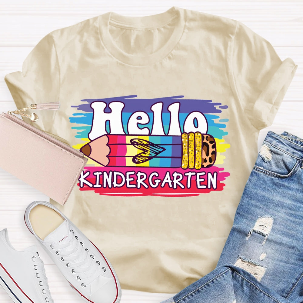 Personalized Grade Hello Kindergarten Colored And Leopard Print Pencils T-shirt