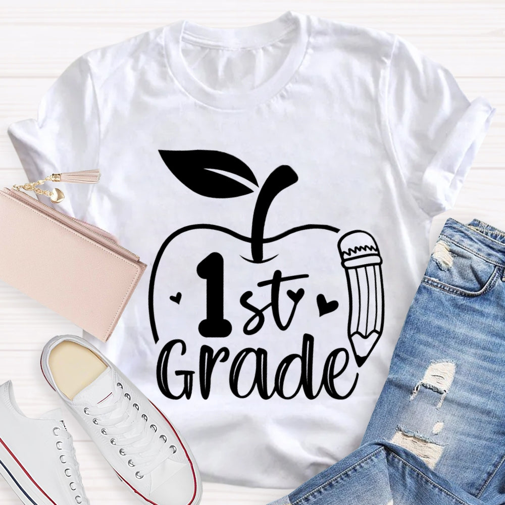 Personalized Grade Pencil And Apple Print Teacher T-shirt