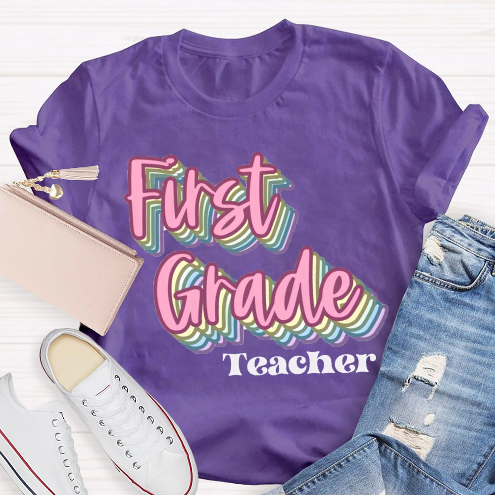 Personalized Grade First Grade Teacher Pink Overlay Printing T-shirt