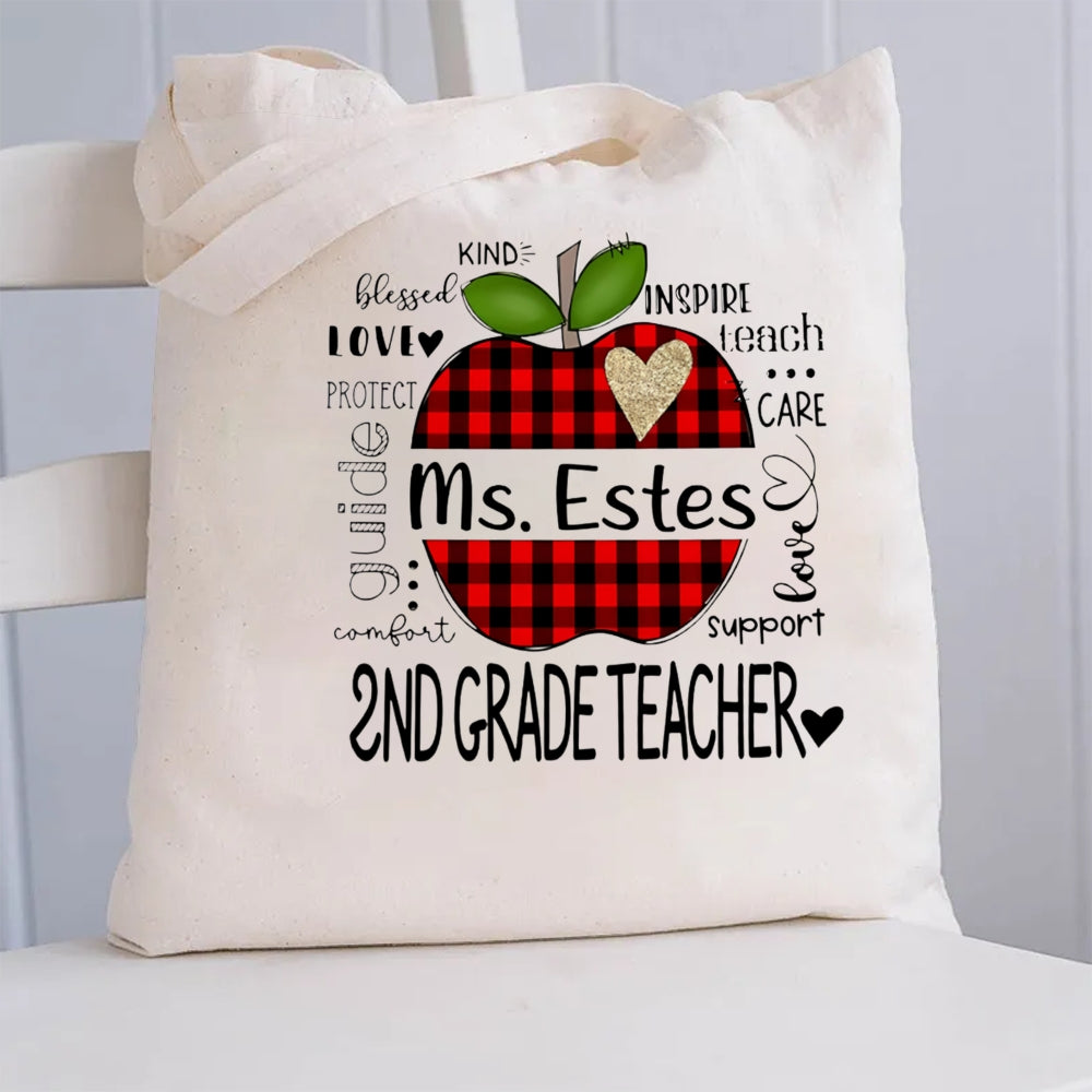Personalized Grade And Name Apple Checkerboard Apple Canvas Tote Bag