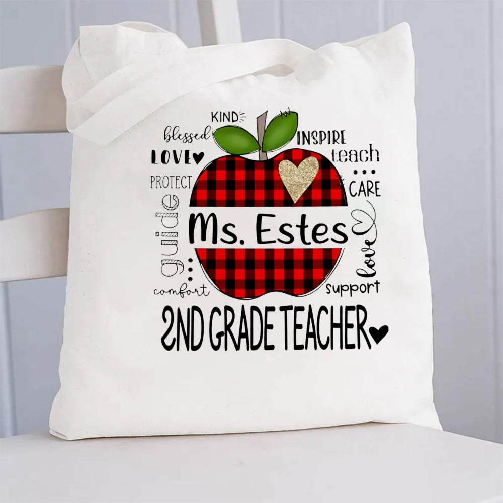 Personalized Grade And Name Apple Checkerboard Apple Canvas Tote Bag