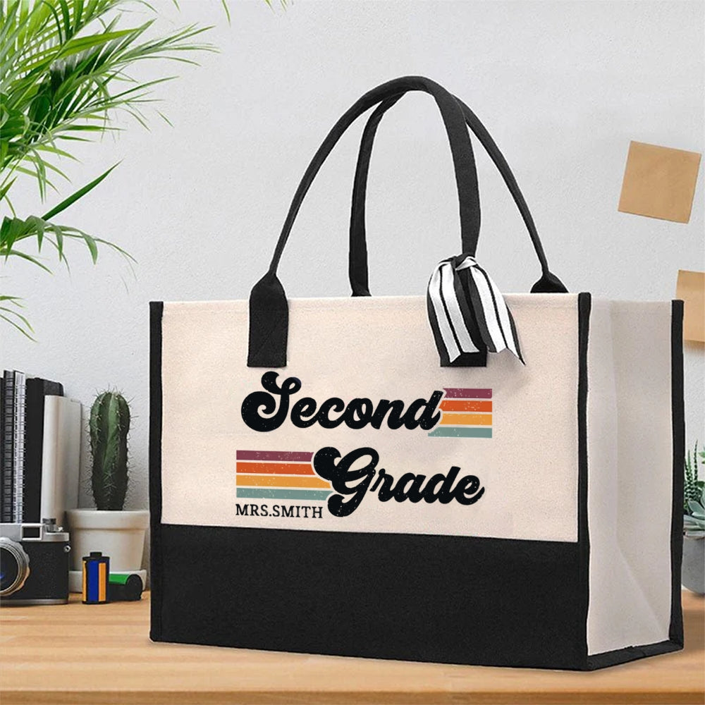 Personalized Grade And Name Colorful Strip Cotton Tote Bag