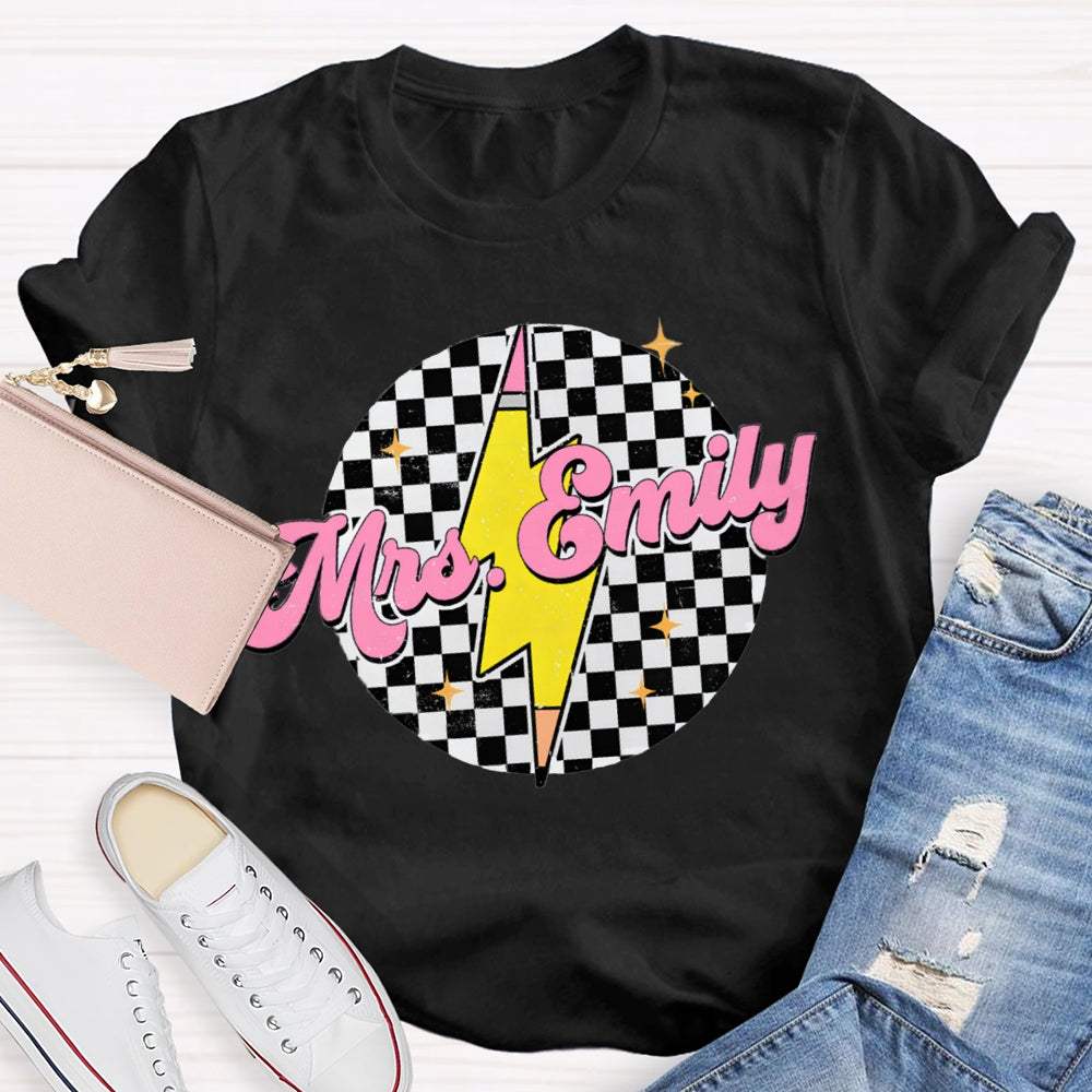 Personalized Name Black And White Square And Lightning Print Teacher T-shirt