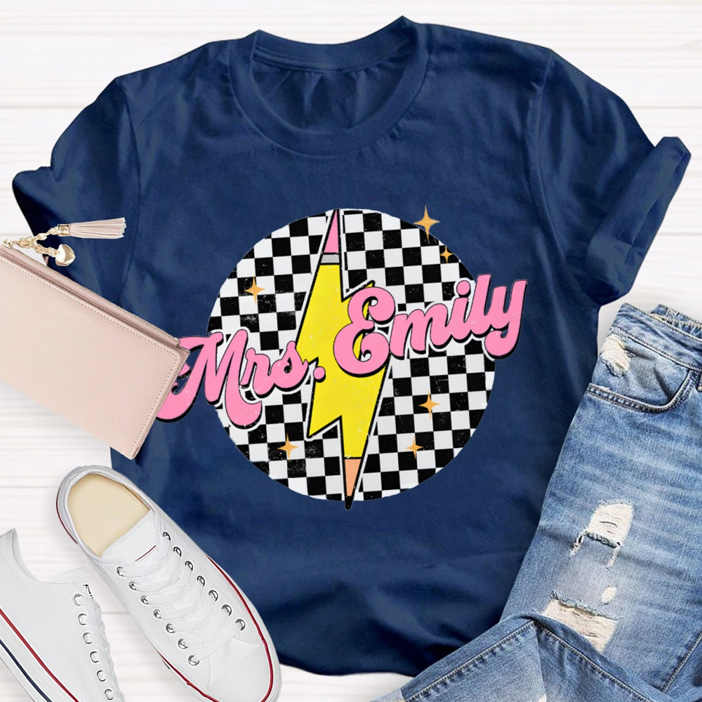 Personalized Name Black And White Square And Lightning Print Teacher T-shirt