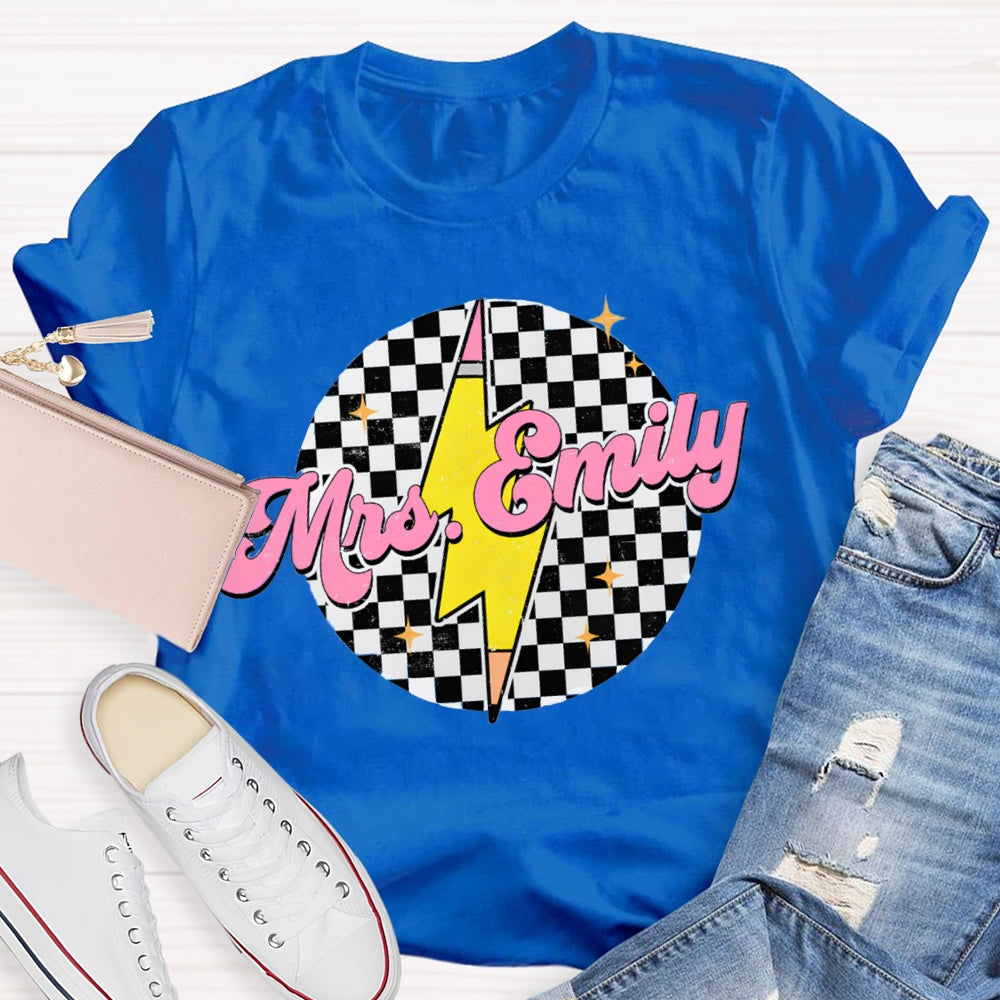 Personalized Name Black And White Square And Lightning Print Teacher T-shirt