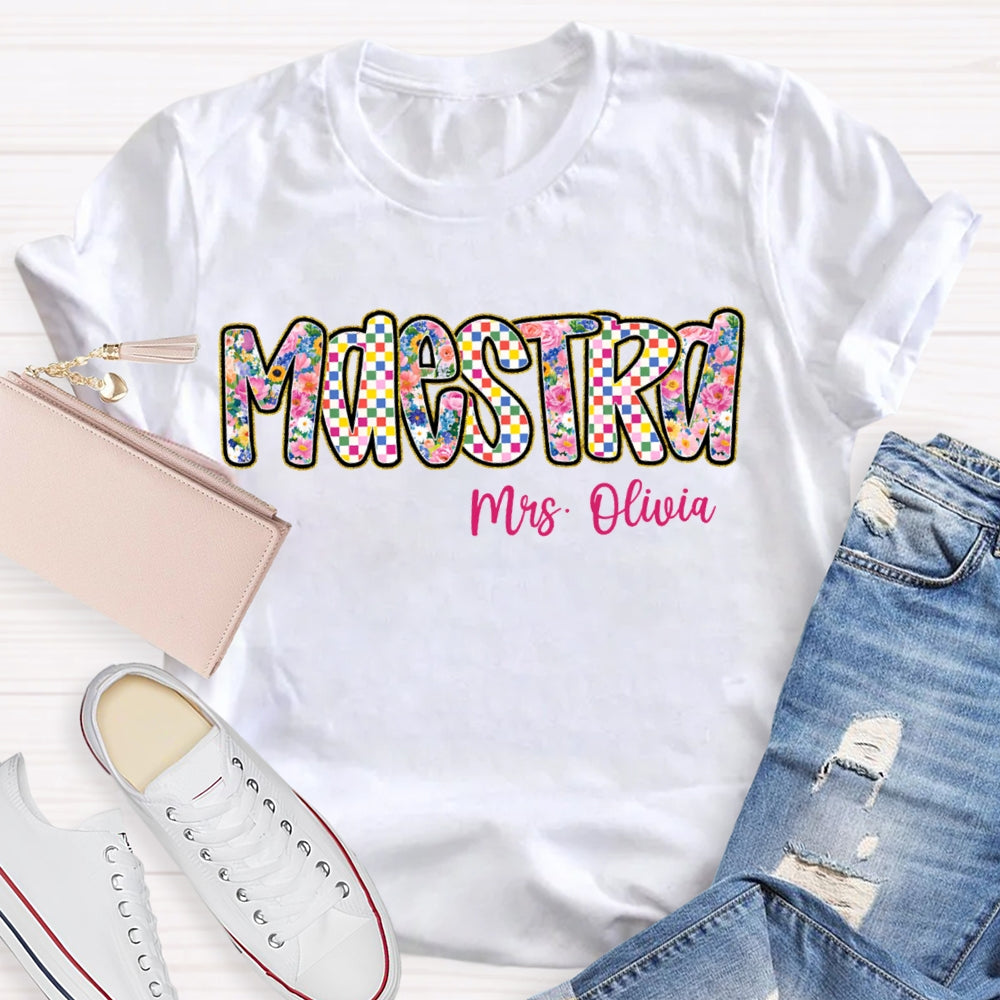 Personalized Name Maestra Bilingual Teacher Colorful Tie-Dye Print T-shirt
