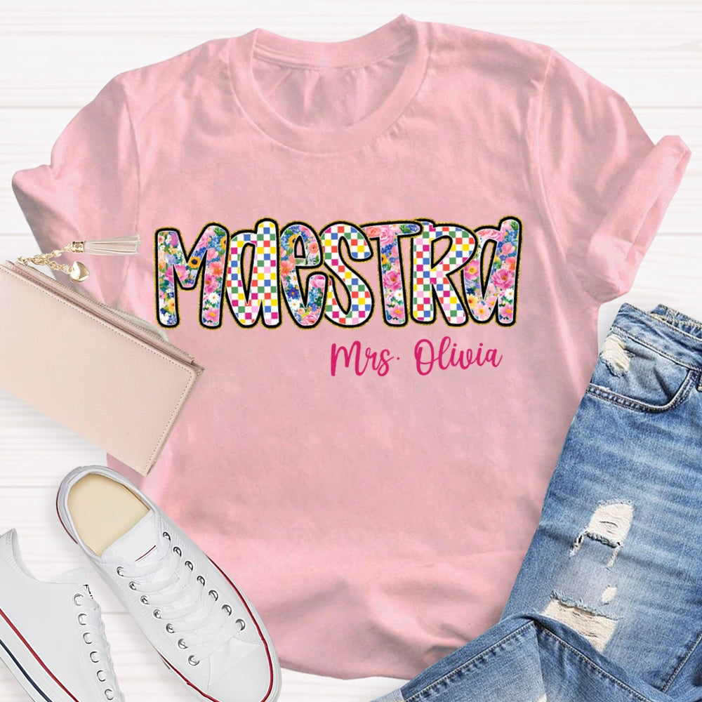 Personalized Name Maestra Bilingual Teacher Colorful Tie-Dye Print T-shirt
