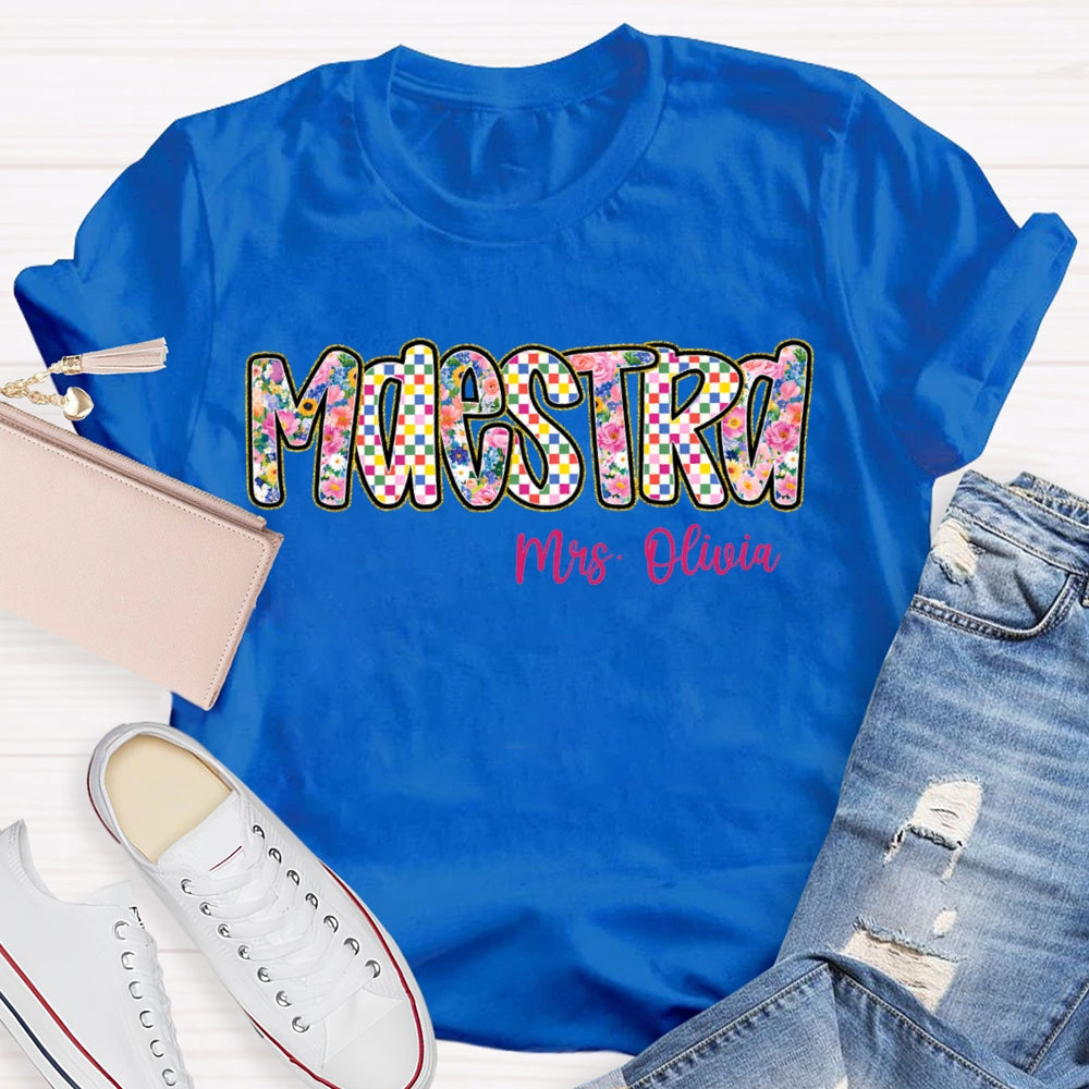 Personalized Name Maestra Bilingual Teacher Colorful Tie-Dye Print T-shirt