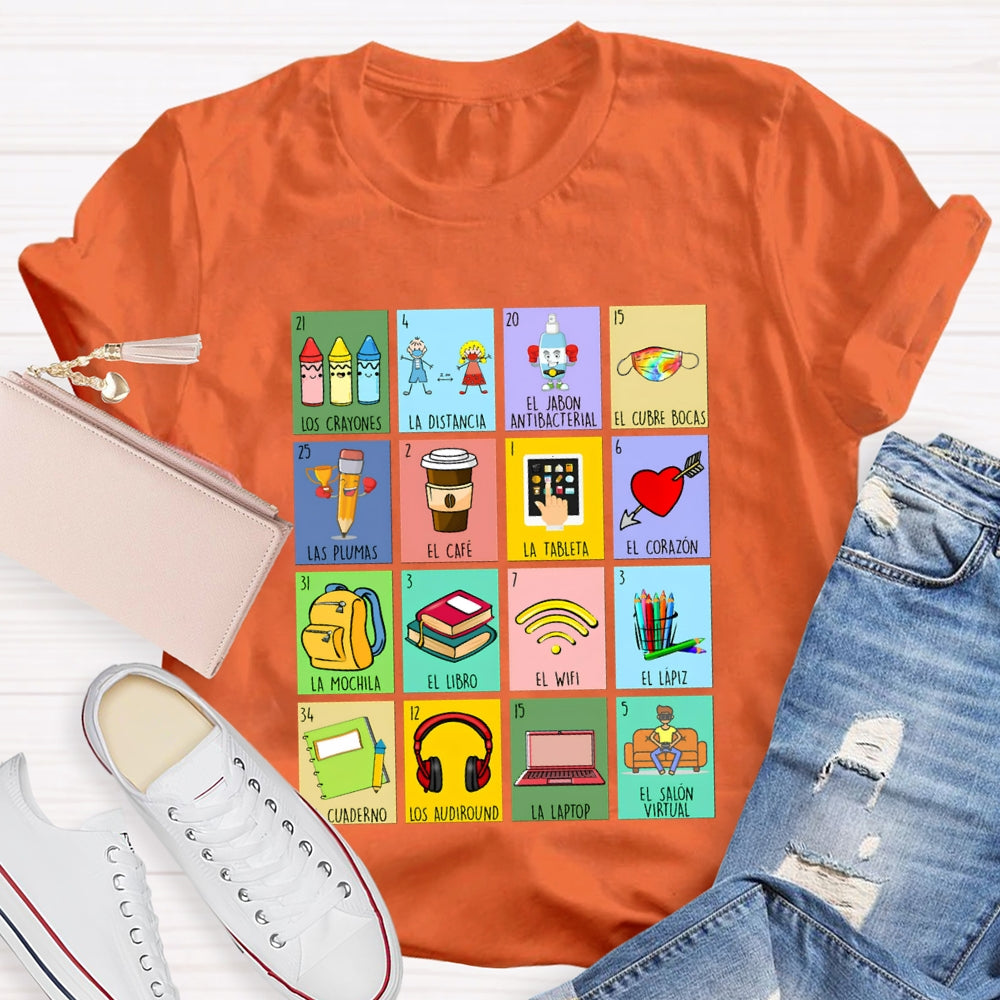 Crayones Distancia Cubrebocas Plumas Cafe Tableta Corazon Bilingual Teacher T-shirt