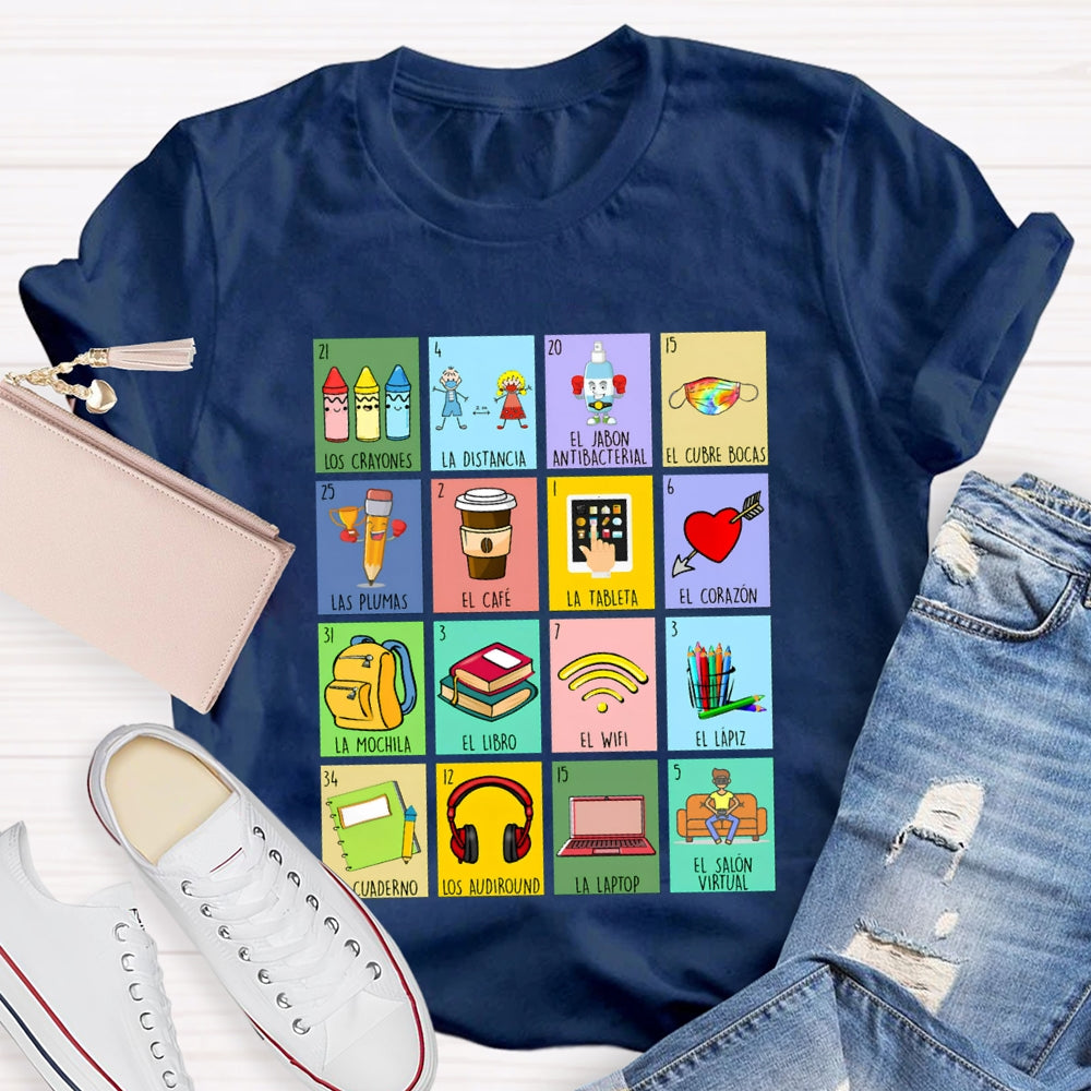 Crayones Distancia Cubrebocas Plumas Cafe Tableta Corazon Bilingual Teacher T-shirt