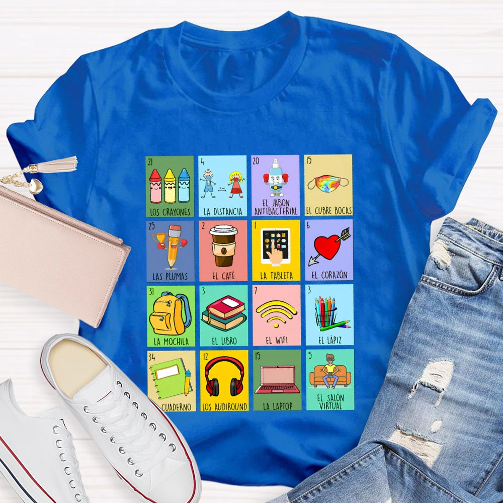 Crayones Distancia Cubrebocas Plumas Cafe Tableta Corazon Bilingual Teacher T-shirt
