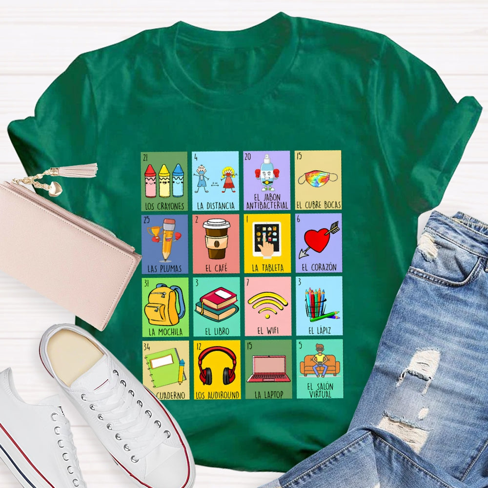 Crayones Distancia Cubrebocas Plumas Cafe Tableta Corazon Bilingual Teacher T-shirt