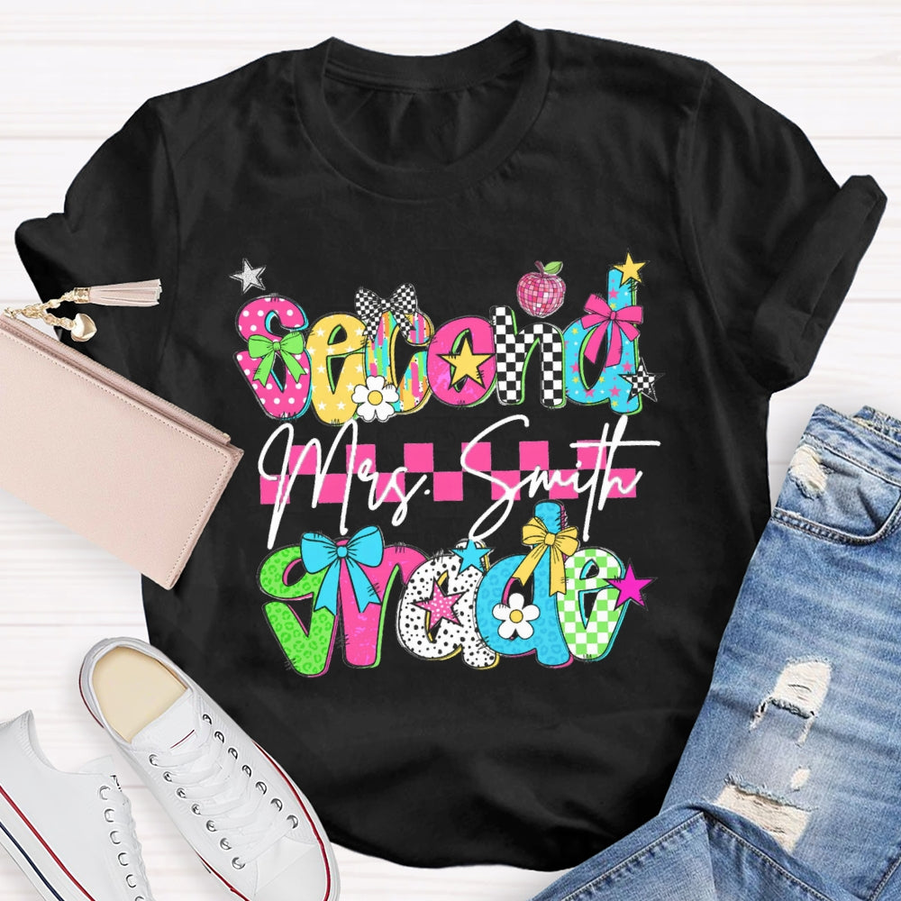 Personalized Name And Grade Second Grade Pink Checkered T-shirt