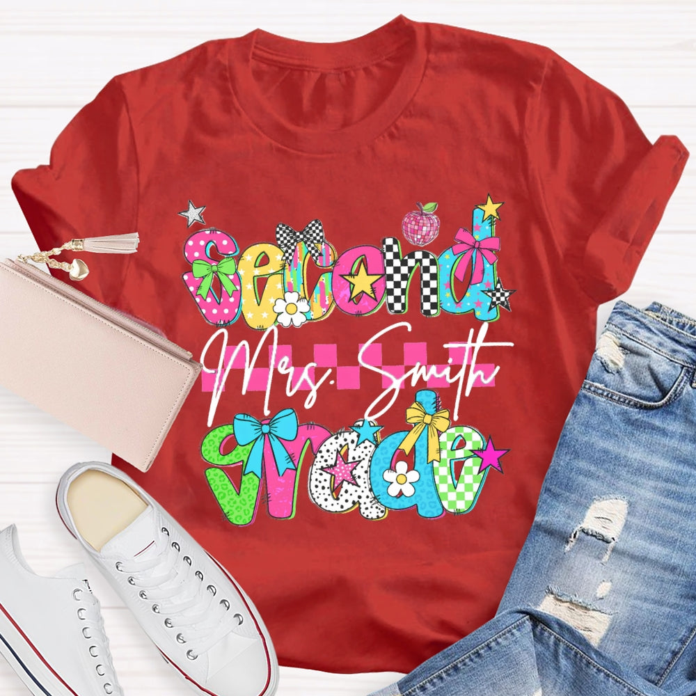 Personalized Name And Grade Second Grade Pink Checkered T-shirt
