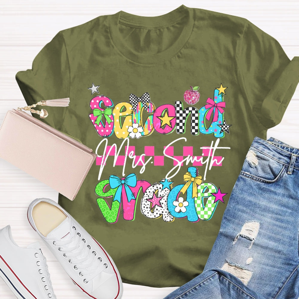 Personalized Name And Grade Second Grade Pink Checkered T-shirt